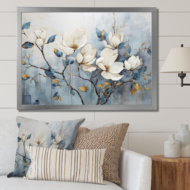 Elegant Magnolias Tranquility - art mural de salon Magnolias, H 30 po x l 40 po, Cadre photo unique, Doré