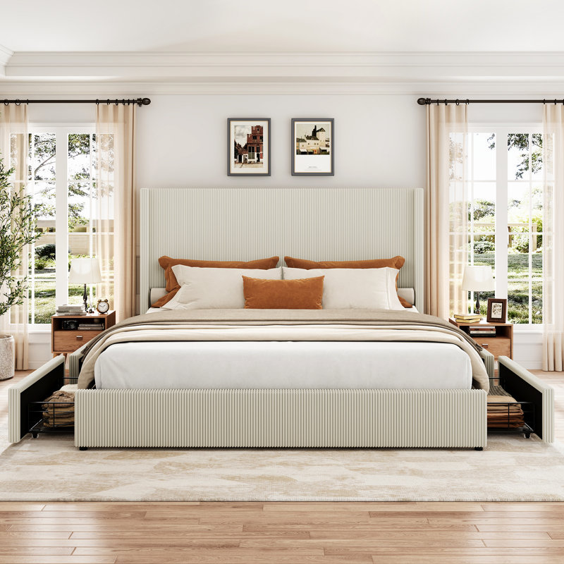Structure de lit plateforme tapissier blanc crème avec tiroirs de rangement, dossier à oreilles en velours côtelé avec tête et pied de lit capitonnés, aucun sommier nécessaire, assemblage facile, blanc crème