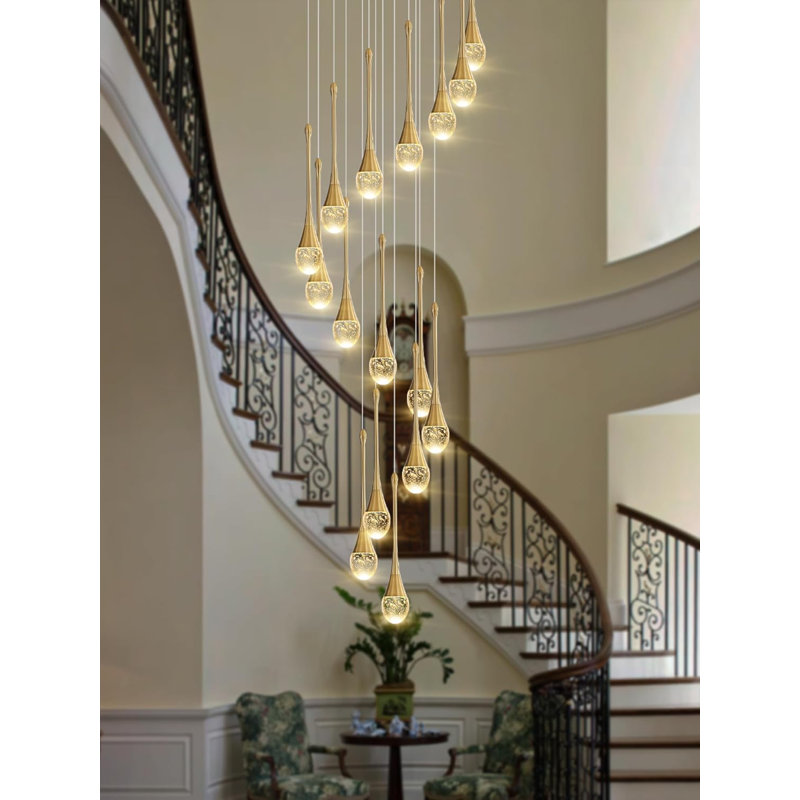 Karren 12-Light Crystal Raindrop Chandeliers 120" Long Gold Pendant Light 3000-6000K Dimmbale LED Lighting, Yes