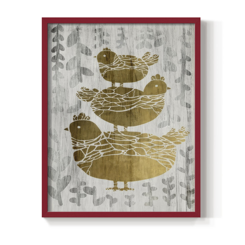 Three French Hens - Gold Leaf Holiday, reproduction encadrée - bois massif, H 15 po x l 12 po, Rouge