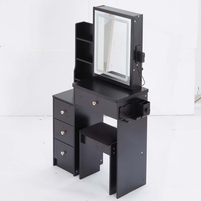 Petite coiffeuse 29,2 po avec tabouret de chevet gauche + tabouret rembourré, 2 blocs d'alimentation CA + 2 ports USB, support pour séchoir à cheveux, très grand miroir à DEL coulissant à commande tactile, changement de luminosité tricolore, régla
