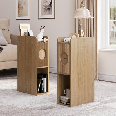 Slim Slim Table de chevet, ensemble de 2 tables de chevet cannelées style Mid-Century avec tiroirs [Naturel] - [Bois / Moderne / Table de chevet]