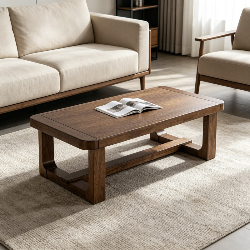 Table basse moderne Cabalynn avec structure en bois massif, finition vernie brun clair, table basse rectangulaire de 56 pouces pour le salon
