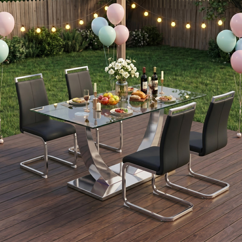 Modern 63" Rectangular Glass Dining Set with Metal Base, Silver, Black, 5
