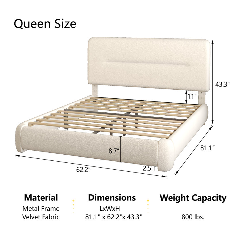 Haden Lambswool Boucle Upholstered Platform Bed Frame with Adjustable Headboard, Beige, Queen
