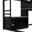 Lit mezzanine double en bois avec bureau, tablettes, lumières à DEL, ports USB et panneau perforé, noir et bleu