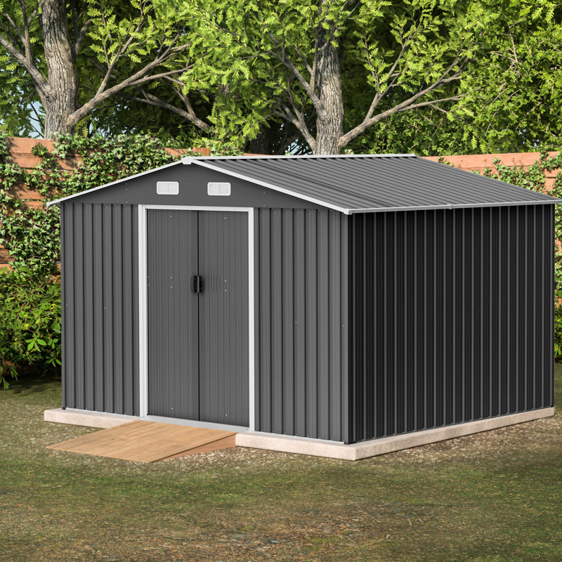 10X8 Ft Grey Shed With Metal Build, Lockable Door For Backyard Outdoor Doors Storage, 122.54" H x 92.16" W x 74.16" D, Gray