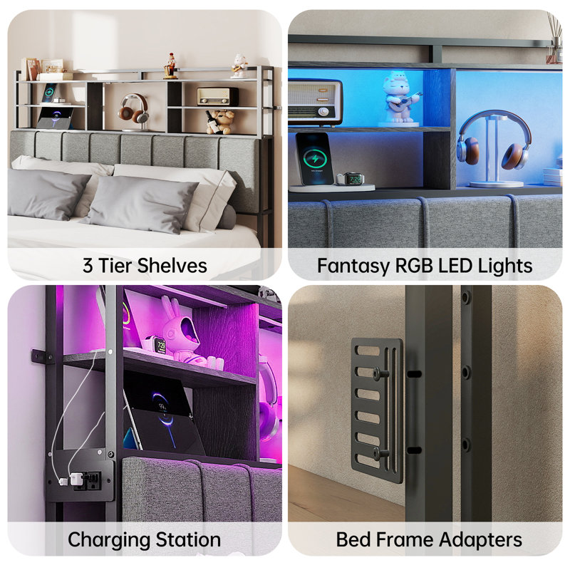 Upholstered Headboard for King Size Bed with Storage, Headboards with Outlets, USB Ports and LED Lights, King Size Headboard Only, Height Adjustable, Sturdy and Stable Headboard, Grey