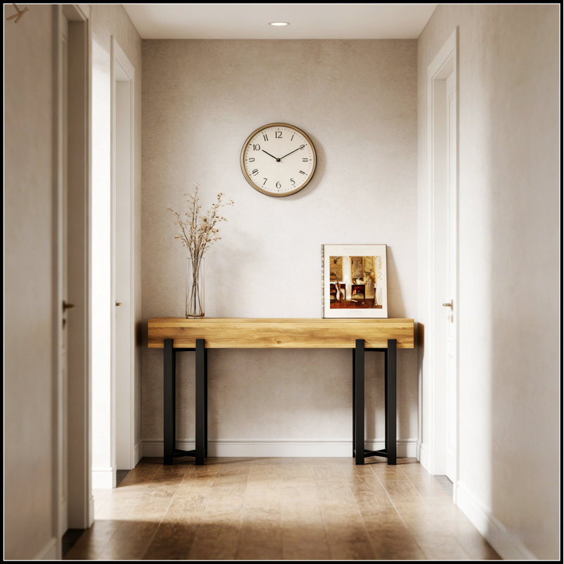 Console de style moderne avec un design industriel, un plateau brun rustique et des pieds en fer noir pour une décoration intérieure élégante