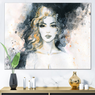 Portrait d'une belle femme aux cheveux blonds bouclés - reproduction d'art sur toile glam