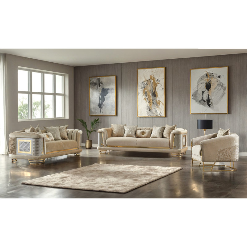 Ensemble de salon en velours 3 pièces Heink, Beige