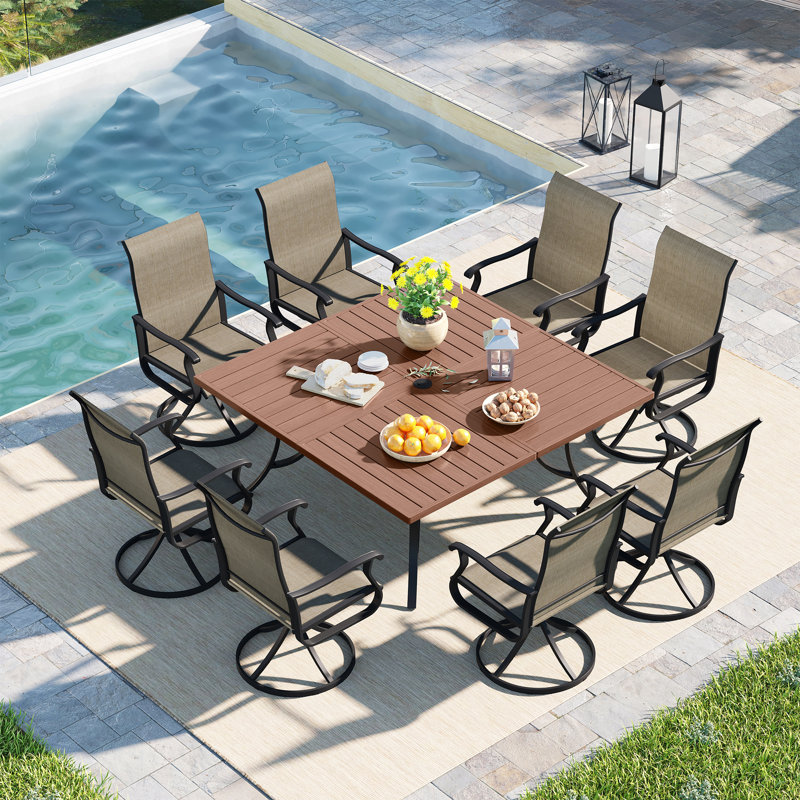 8-Person Patio Dining Set with 59" Square Table and Umbrella Hole + 8 Swivel Chairs, Brush Wood Brown/Taupe