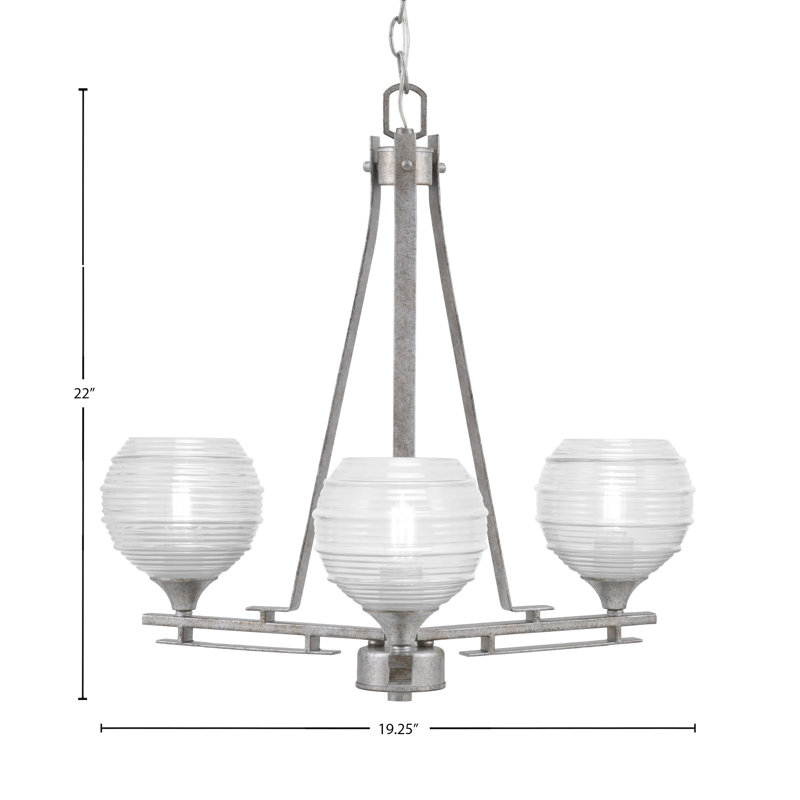 Lustre 3 lumières Uptowne illustré en finition argent vieilli avec verre côtelé transparent de 6 po