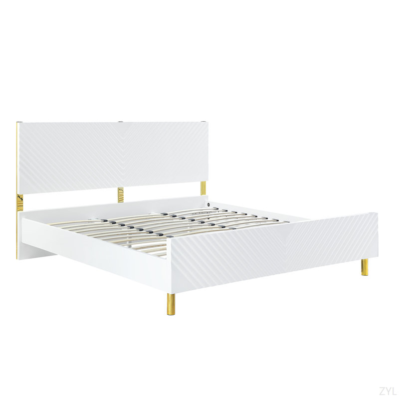 Gaines White High Gloss Finish Bed, Gloss White, Queen