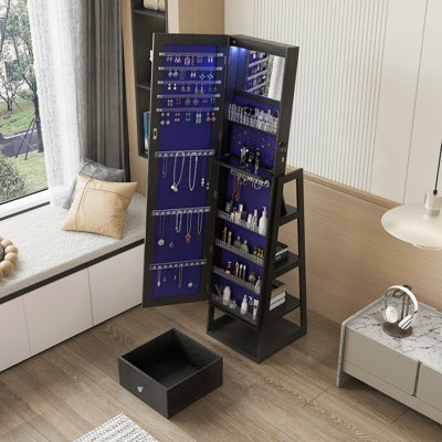 Miroir pleine grandeur avec armoire de rangement verrouillable, design intérieur éclairé et tiroirs de rangement