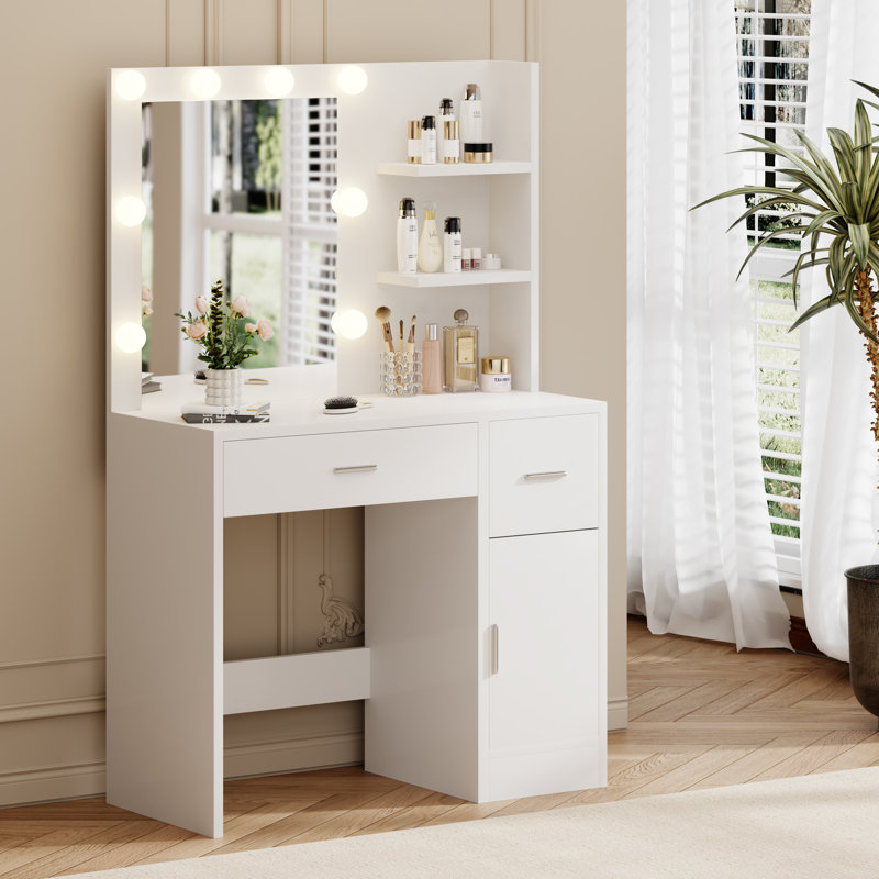 Bureau de maquillage avec lumière et miroir, Blanc