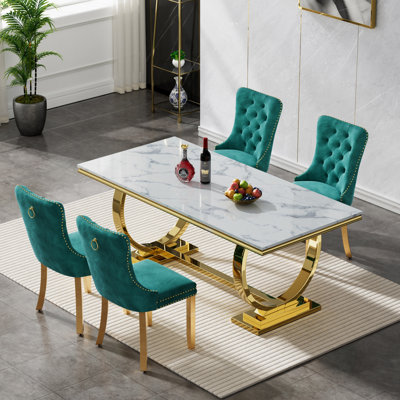 Ensemble de salle à manger 5 pièces en faux marbre pour 4 personnes, ensemble table et chaises de cuisine de luxe doré de 173 cm avec base en acier inoxydable pour cuisine et salle à manger