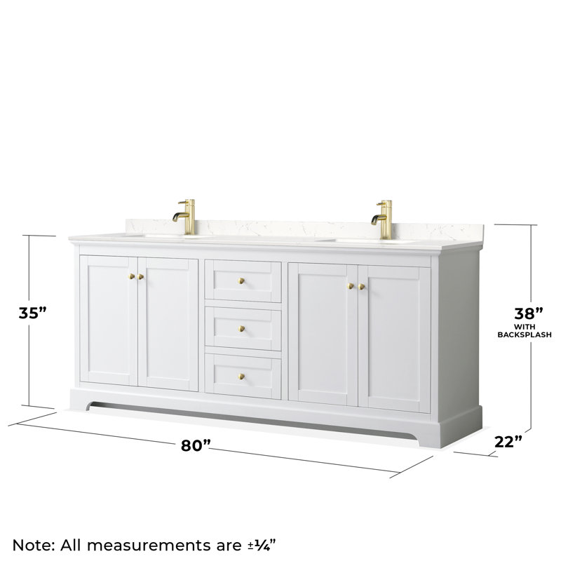 Ensemble de meuble-lavabo double 80 po Avery, Blanc, Marbre de culture de Carrare veiné clair, Or brossé