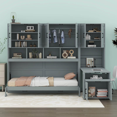 Earleville Twin Size Murphy Bed With Closet And Drawers,Space-Saving Wood Wall Bed Frame With Desk