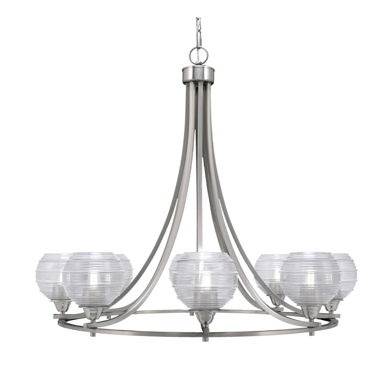 Lustre 8 lumières avec verre nervuré 6 "Paramount, Clair, Nickel brossé