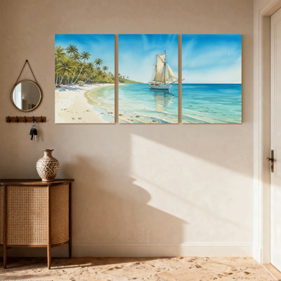 Nautical & Beach Tropical Beach With Sailboat And Palm Trees Set of 3 Canvas Wall Art Prints