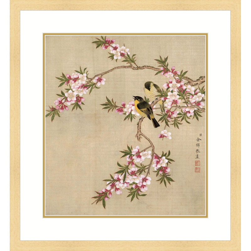 Peach Blossoms and Yellow Sparrows by Yu Zhi - Single Picture Frame Print, 21.5" H x 17.5" W x 1.3" D, Natural