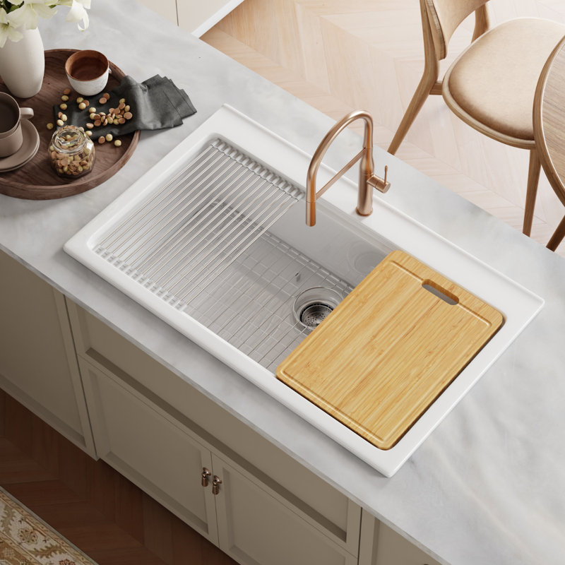 Évier de cuisine blanc encastré en argile réfractaire simple avec trou pour robinet, grille inférieure et crépine