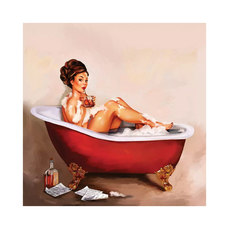 Whiskey Neat Bath Pinup - Wrapped Canvas Painting, 66.04cm H x 66.04cm W x 1.91cm D