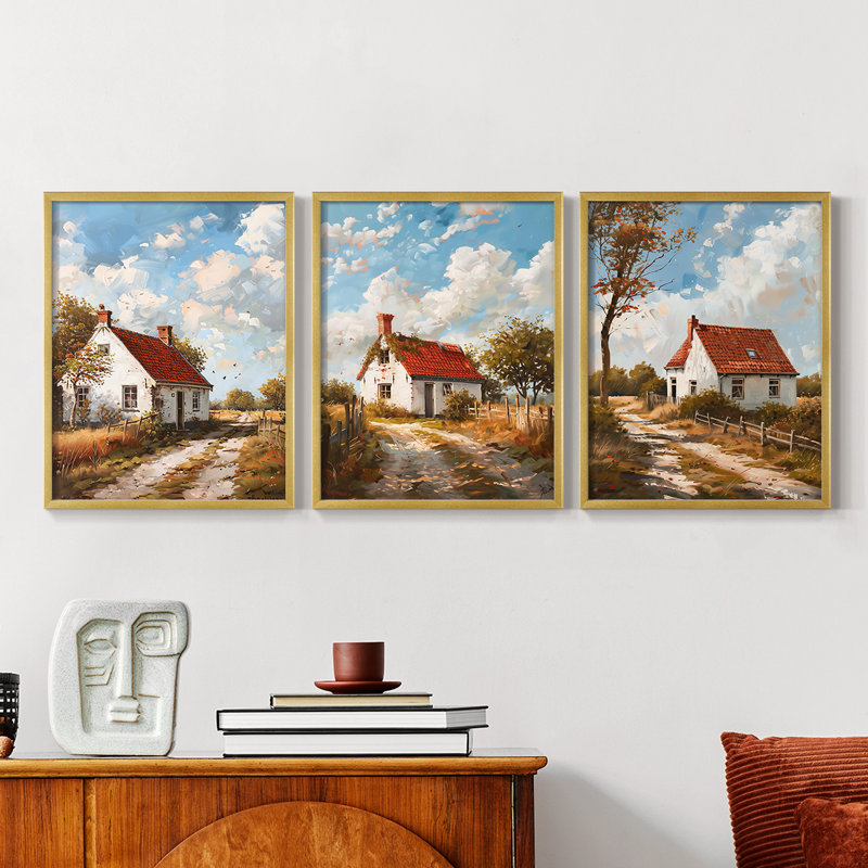 Country Cottage Series XVIII - Ensemble de 3 estampes numériques encadrées - Prêt à, Cadre doré, H 10 po x l 8 po