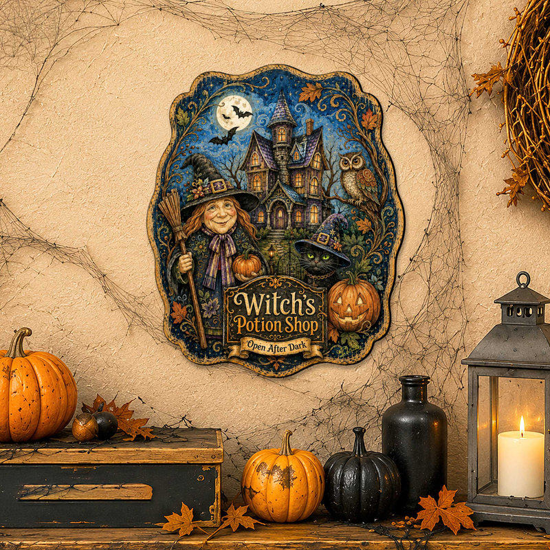 Décoration de porte en bois pour l'Halloween « Boutique de potions de sorcière » par G. Debrekht
