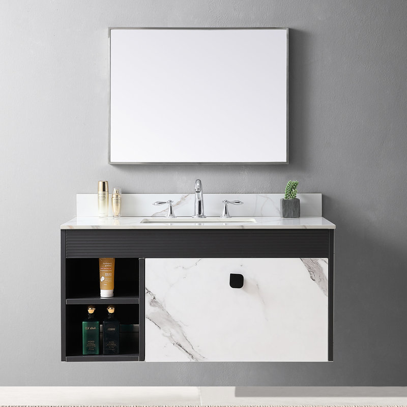 Plateau de meuble-lavabo en pierre frittée 43 x 22 avec 3 trous de robinet et lavabo en céramique de couleur blanche 43 x 22 po