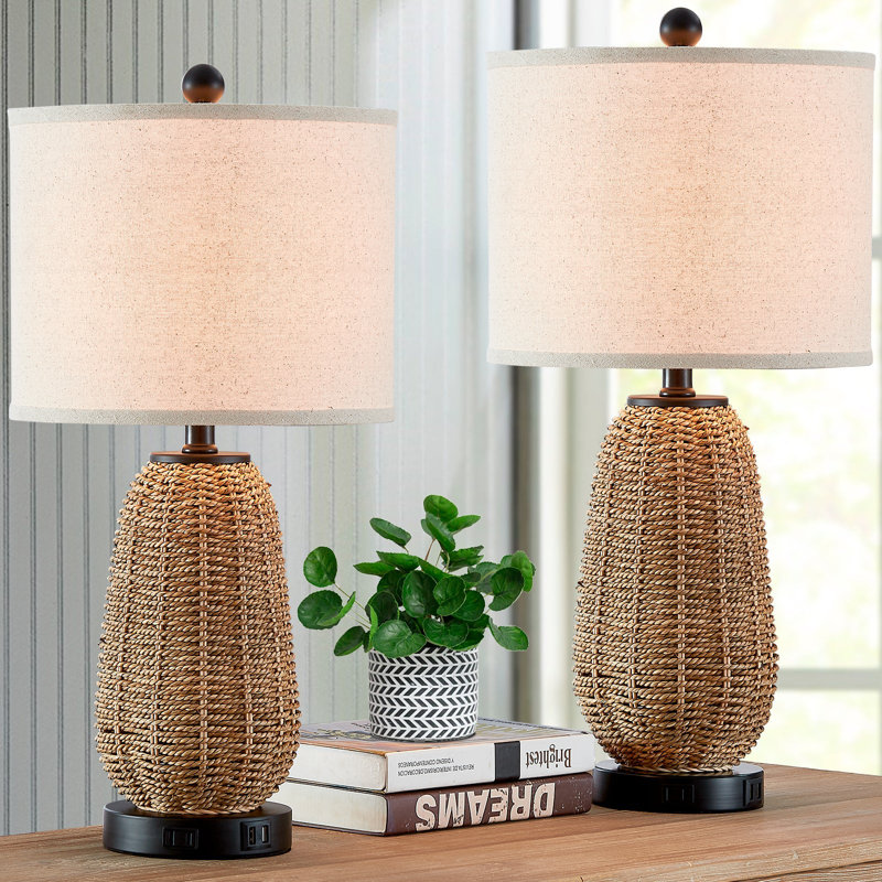 Lampes de table en rotin naturel avec gradation tactile à 3 voies et ports USB