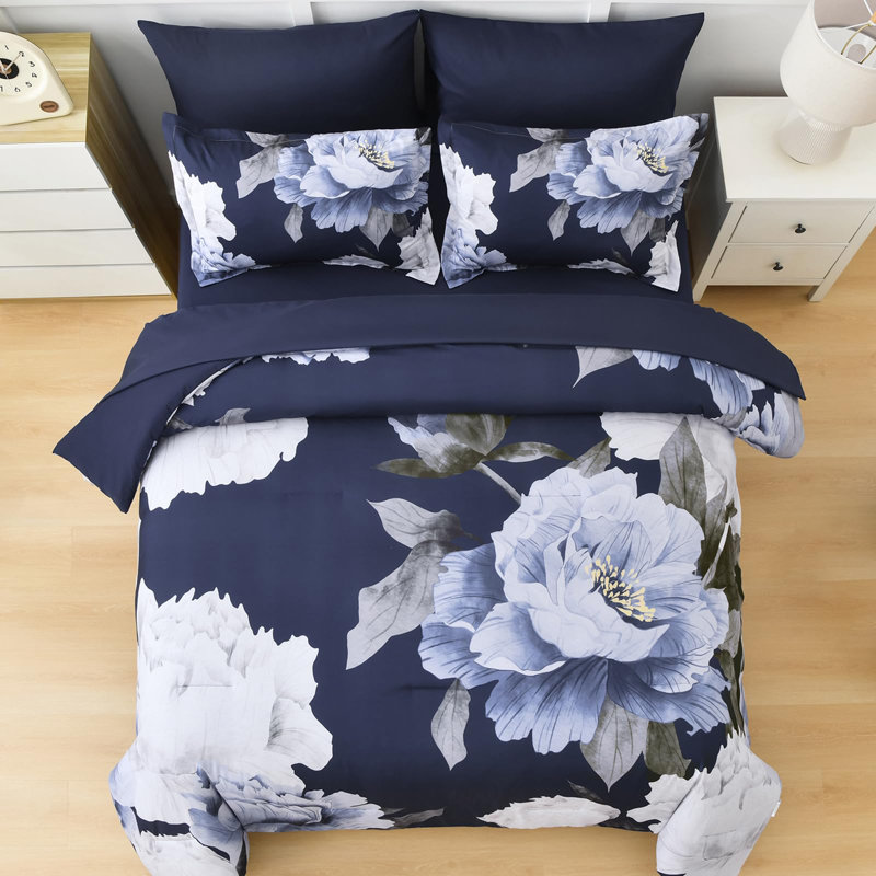 Ensemble de housse de couette à motif floral 7 pièces, Grand édredon et 6 pièces supplémentaires, Marine