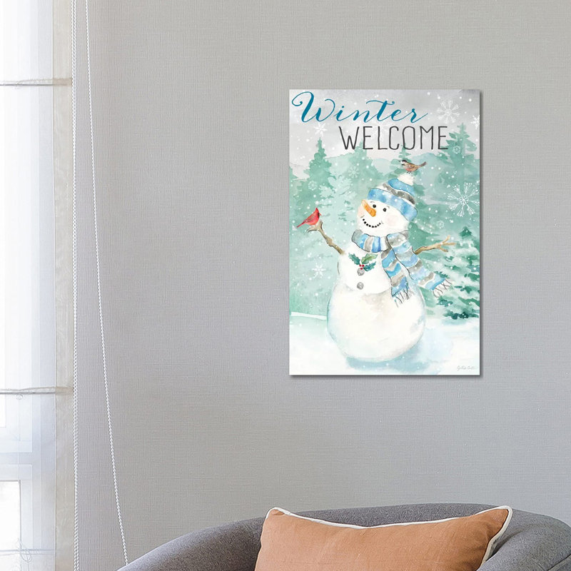 Let It Snow Blue Snowman Portrait by Cynthia Coulter - Wrapped Canvas Print