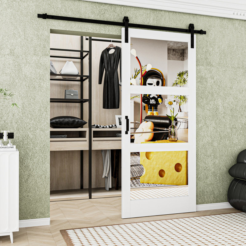 Double-sided  Glass Mirror and Solid Manufactured Wood Sliding Barn Door with Installation Hardware Kit, 36" x 84"