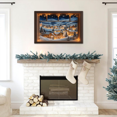 Grand art mural sur toile encadré Winter Wonderland - Charmant village de neige, décoration murale, peinture de scène d'hiver pour salon ou chambre à coucher, cadre en pin naturel surélevé et toile tendue, 32 po x 48 po