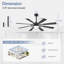 52 po. Ventilateurs de plafond noirs avec lumières - Ventilateur de plafond intérieur avec lumière et télécommande, 8 pales, ventilateur de plafond moderne réversible pour chambre à coucher