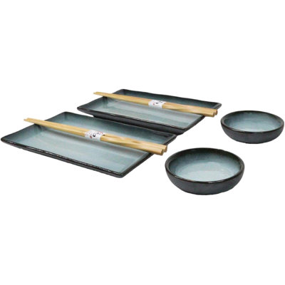 Seikai Sky Porcelain Sushi Plates Sauce Dishes Chopsticks Dinnerware Set For 2