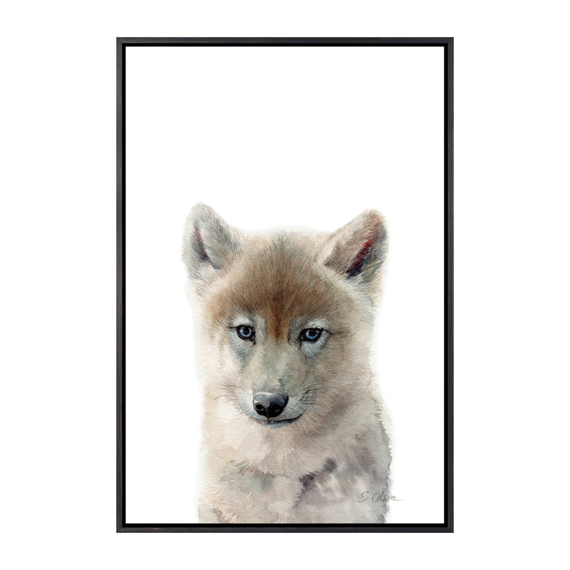 Bébé loup - reproduction d'art, H 26 po x l 18 po x 1,5 po, Toile avec cadre noir patiné, Pas de tapis