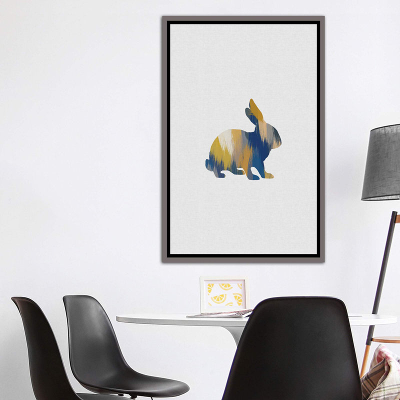Lapin bleu et jaune - impression, H 60 po x l 40po x P 1,5 po, Toile encadrée de bois rustique foncé