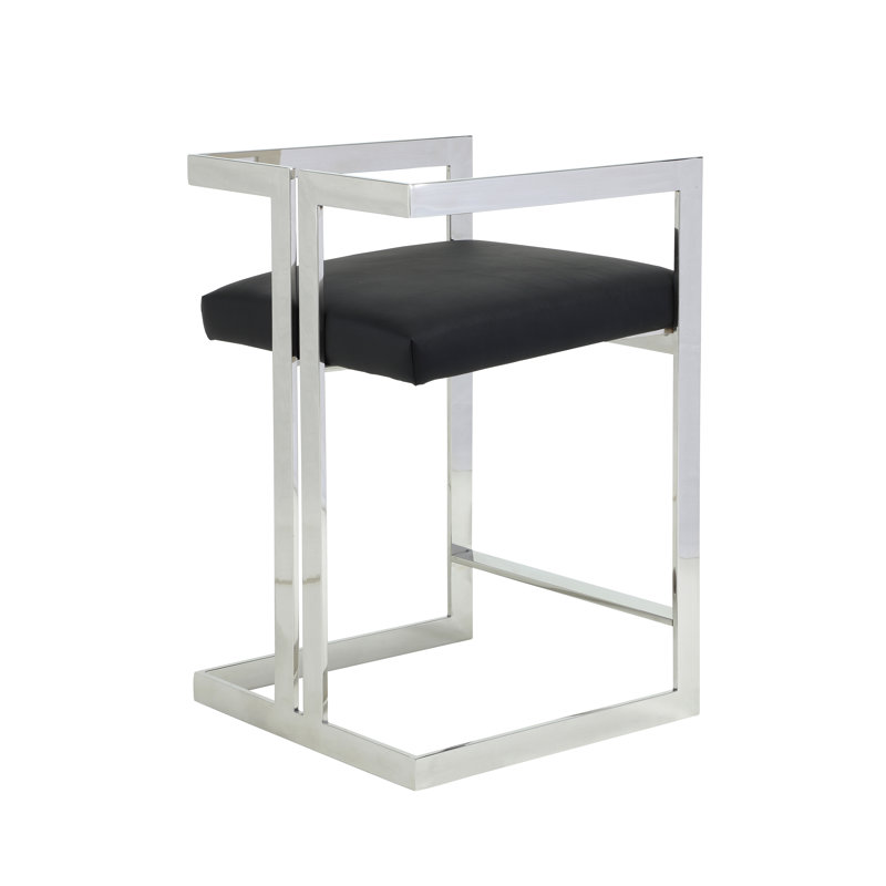 Kenzie Counter Stool with Footrest - Faux Leather Counter Stool – Modern Upholstered Counter Height Seating with Steel Metal Legs -Vegan/Faux Leather - Black and Silver Counter Stool