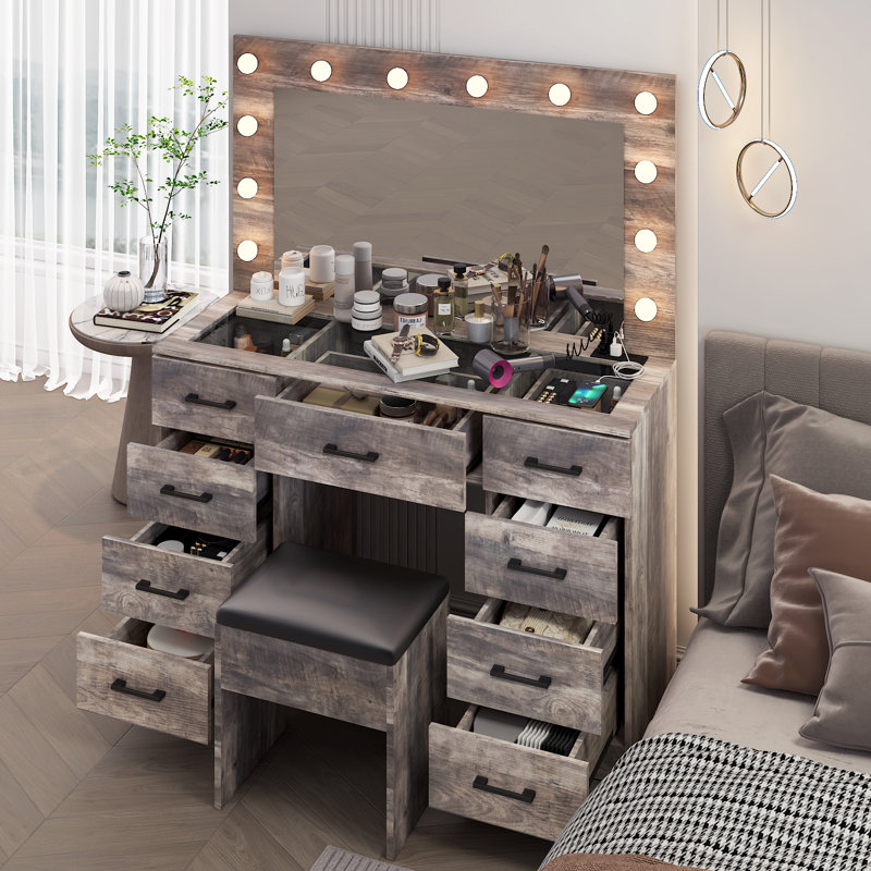 Grand ensemble de coiffeuse avec lumières, USB et prise de courant, 9 tiroirs, Gris