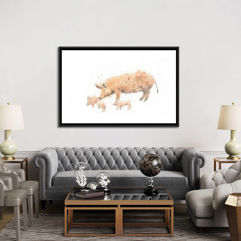 «Pig and Piglet», impression sur toile tendue, H 18 po x l 26 po x P 1,5 po, Toile avec cadre noir, Pas de tapis