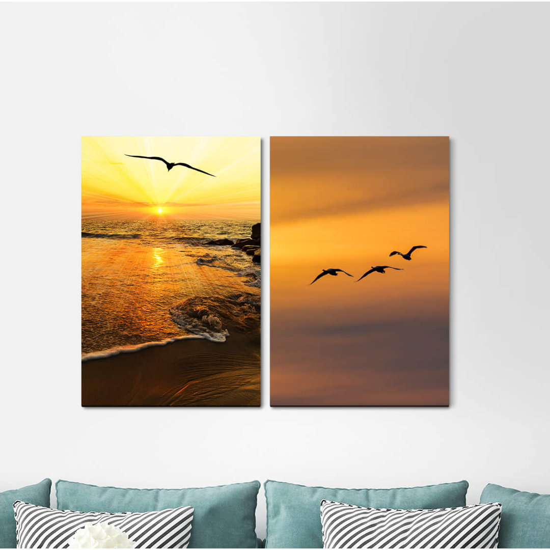 2-tlg. Leinwandbilder-Set - Fotografie „Birds Freedom Sunset Sunsets Afterglow Horizon Sky Sea”