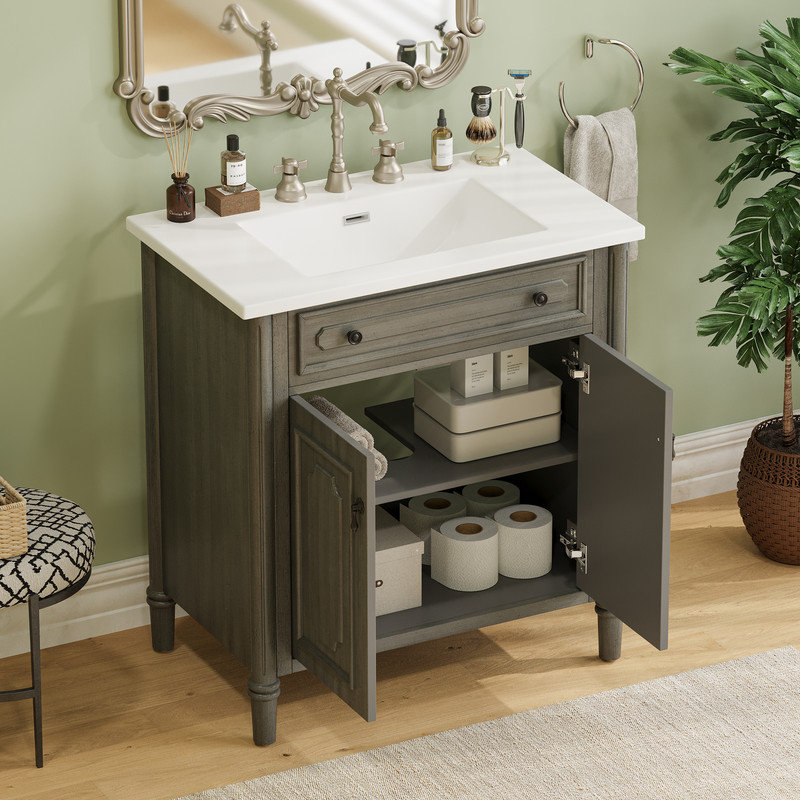 Meuble-lavabo vintage avec lavabo en céramique et portes à fermeture en douceur, Gris antique