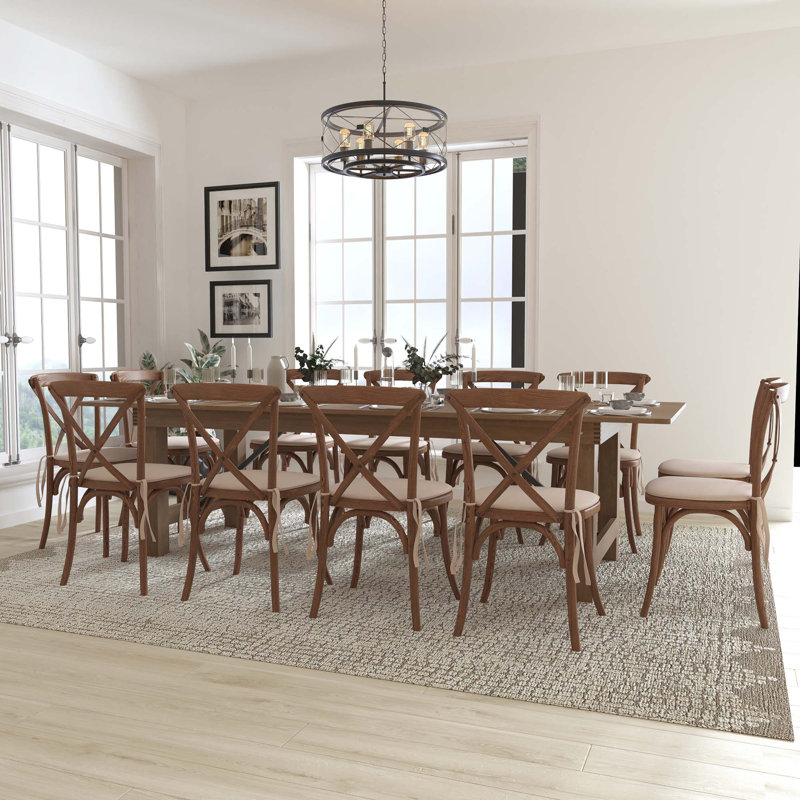Aylar Rustic Folding Farm Table Set with Cross Back Chairs and Cushions, 30" H x 40" W x 108" L, 13 Pieces: Table, 12 Chairs