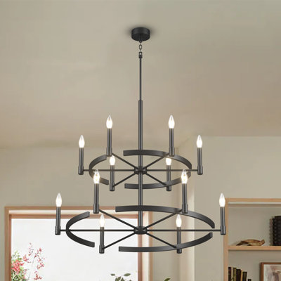 6/12 Light Wagon Wheel Chandelier, Chandeliers With Adjustable Height For Dining Room, Rustic Round Chandelier Hanging Farmhouse Wrought Iron Light Fixture For Living Room Kitchen Foyer Entryway, E12 Base