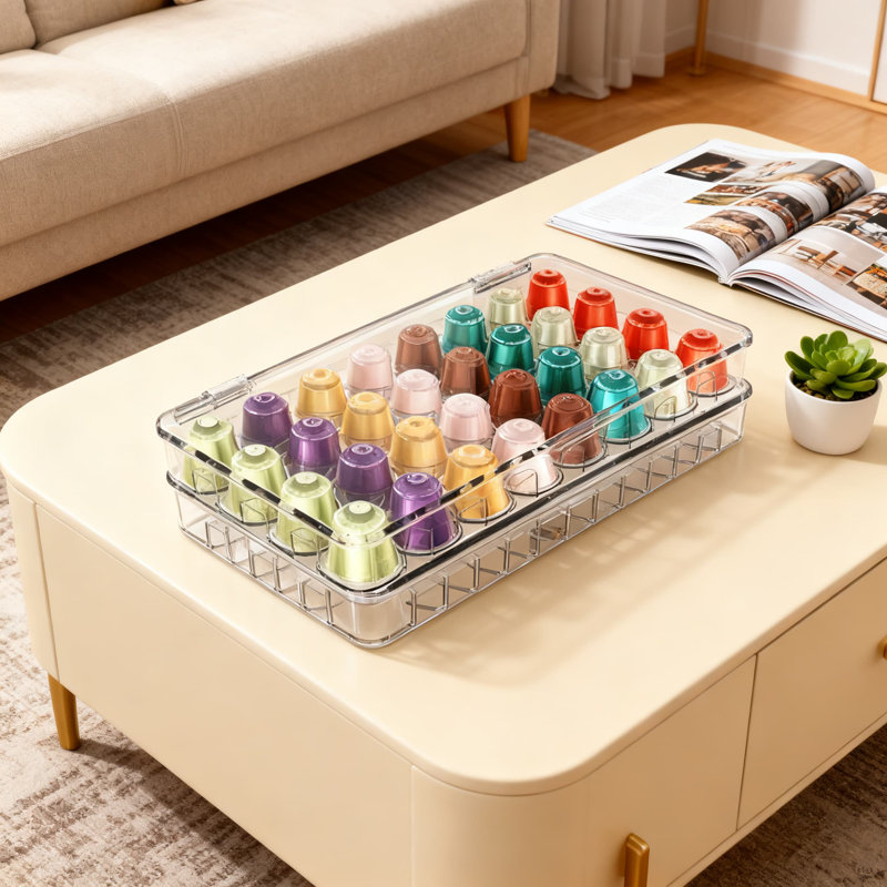 Porte-dosette en acrylique transparent avec couvercle à charnière, organisateur de rangement de capsules empilable pouvant contenir 32 dosettes chacune, plastique sans BPA durable avec charnière en acier pour comptoir de cuisine