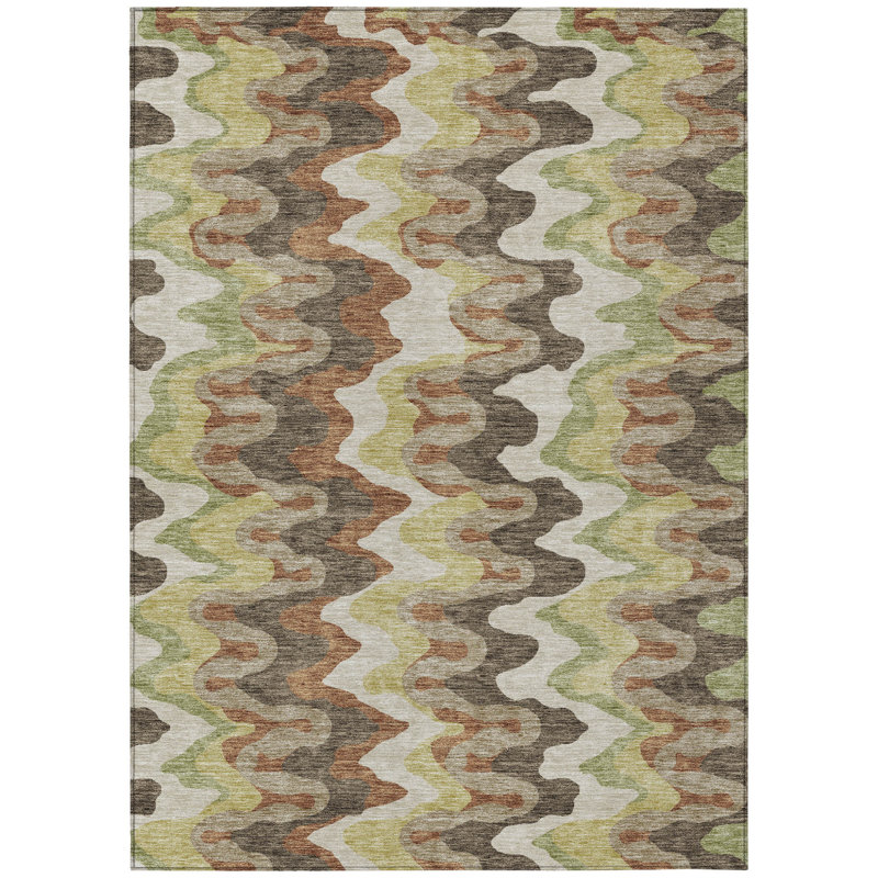 Tapis extérieur lavable abstrait cuivré chocolat et vert artichaut 3 pi x 5 pi