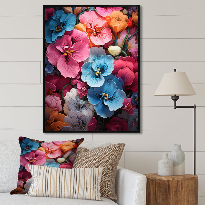 Neon fantaisie tropicale Pansys II, Cadre flottant noir, 32" H x 24" W
